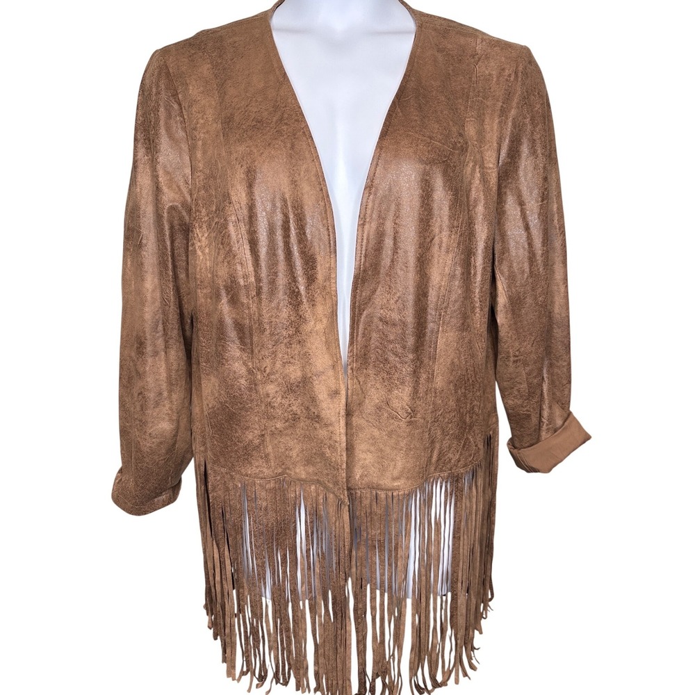 NWT Chico's Women Brown Faux Suede Fringe Jacket Sz 3/XL Western Boho Distressed